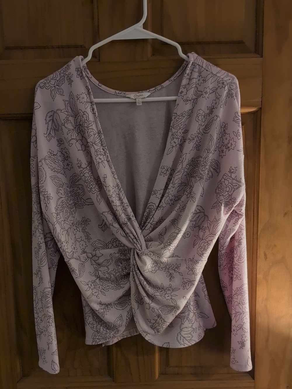 Candies Lavender Floral Twist-Front Long Sleeve Blouse